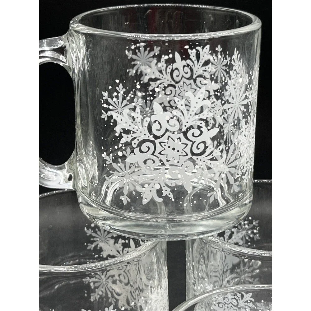 Crate & Barrel Set Of 4 Snowflake White And Clear Glass Mugs Made In USA